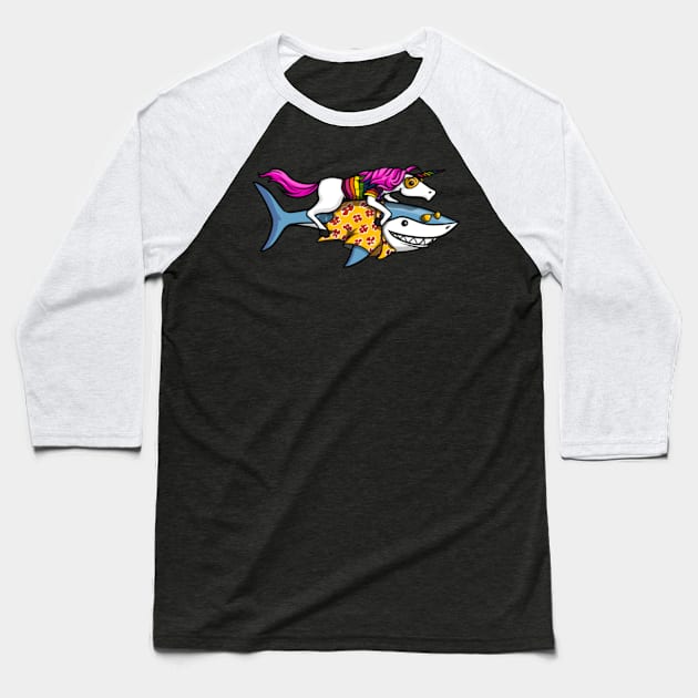 Funny Unicorn Riding Ocean Shark Baseball T-Shirt by Nulian Sanchez